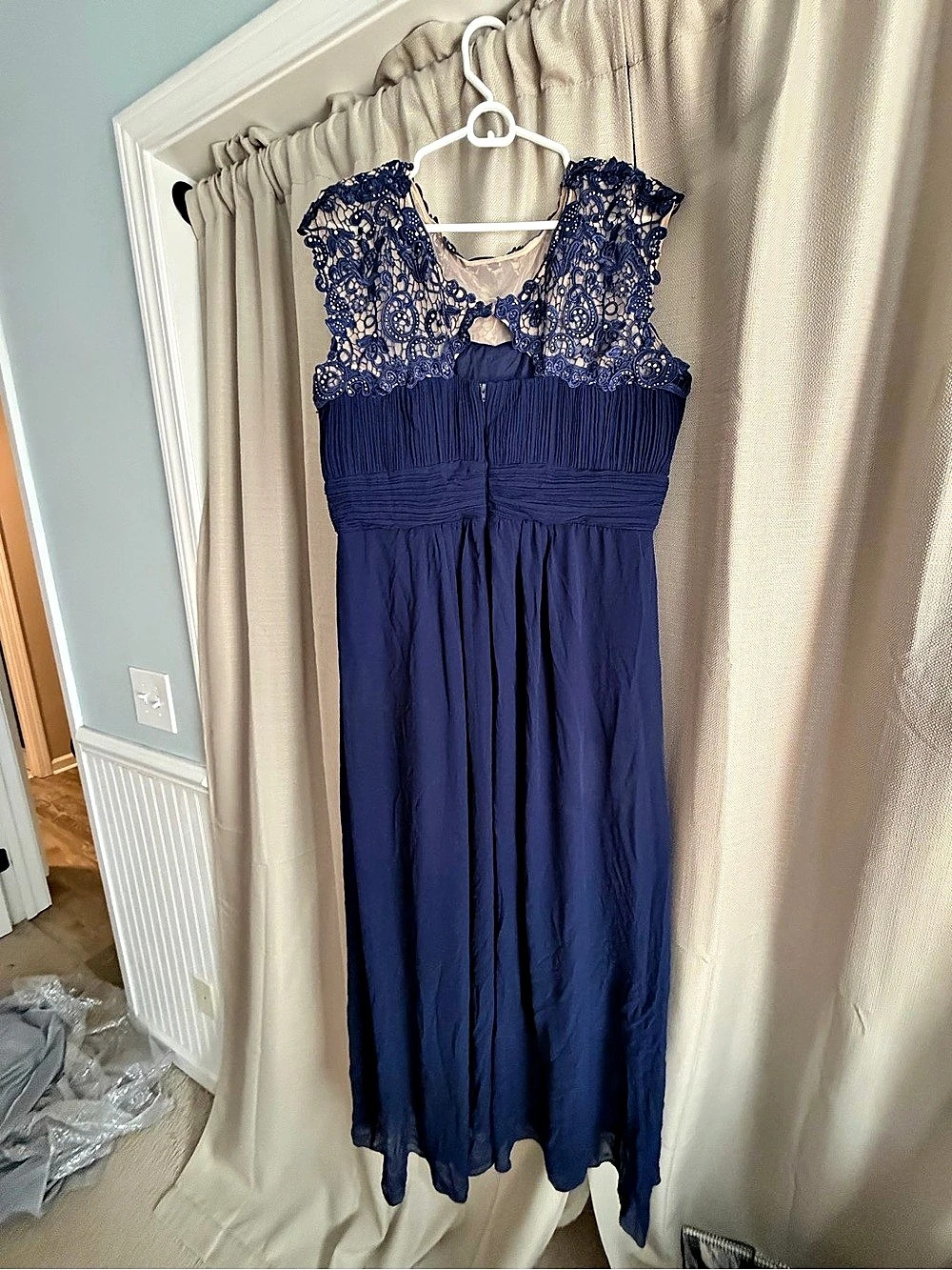 EVER PRETTY Navy Blue Lace Bodice Rhinestone Chiffon Maxi Evening Gown Navy Lace